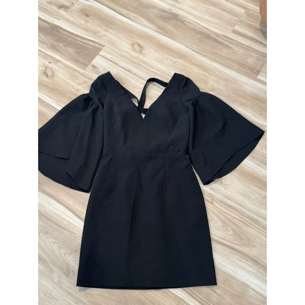 Milly Cady Bell Sleeve Black V Neck Mini Dress Tie back cocktail‎ Party Dress d1